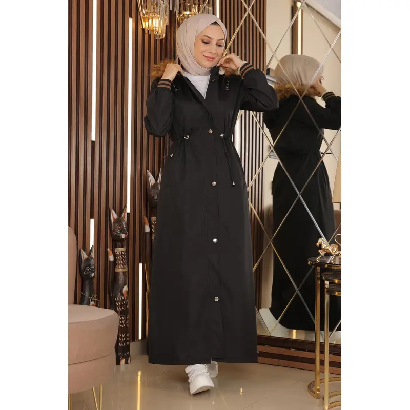 Plus Size Hooded Ribbed Coat Black 15500