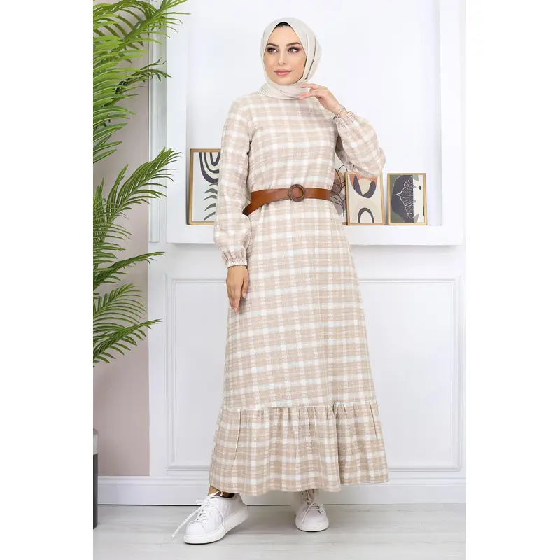 Ruffled Hijab Dress Beige 19165