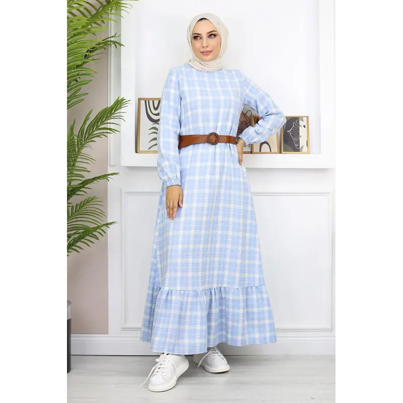 Ruffled Hijab Dress Blue 19165