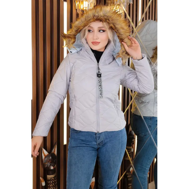 Short Quilted Puffer Coat Gray 12256