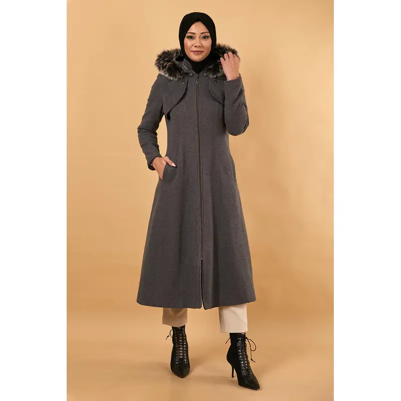 Zippered Hooded Cashmere Coat Gray 12265