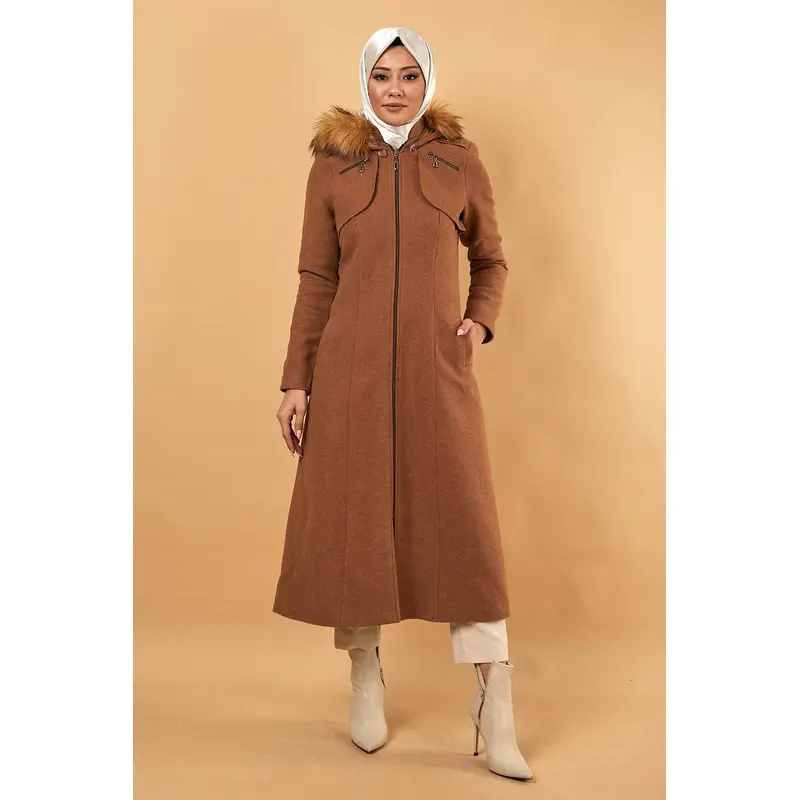 Zippered Hooded Cashmere Coat Tan 12265