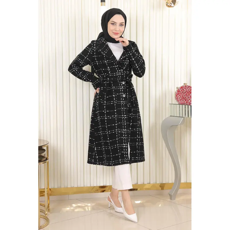 Belt Detailed Buttoned Cashmere Coat Black 19176