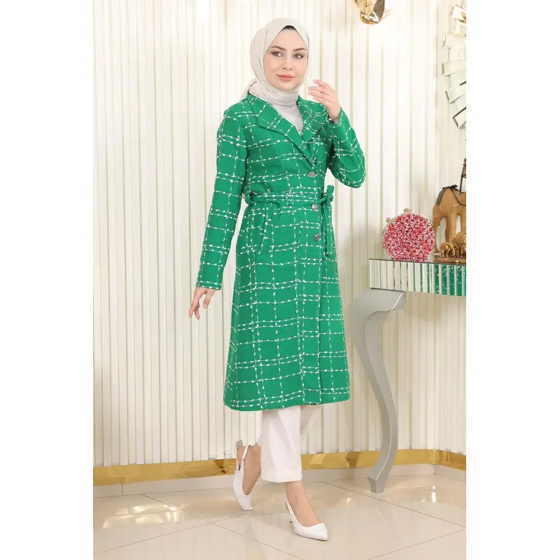 Belt Detailed Buttoned Cashmere Coat Emerald 19176