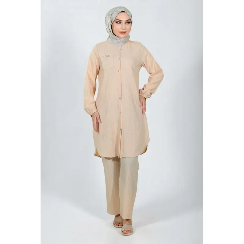 Buttoned Brooch Detailed Suit Beige 19178