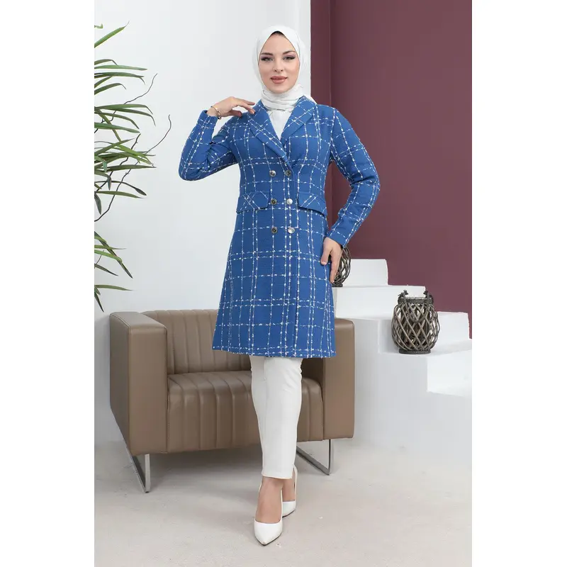 Buttoned Wide Collar Cashmere Coat Indigo 19177