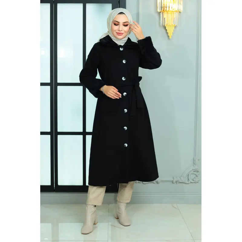 Fur Detailed Cashmere Coat Black 19175