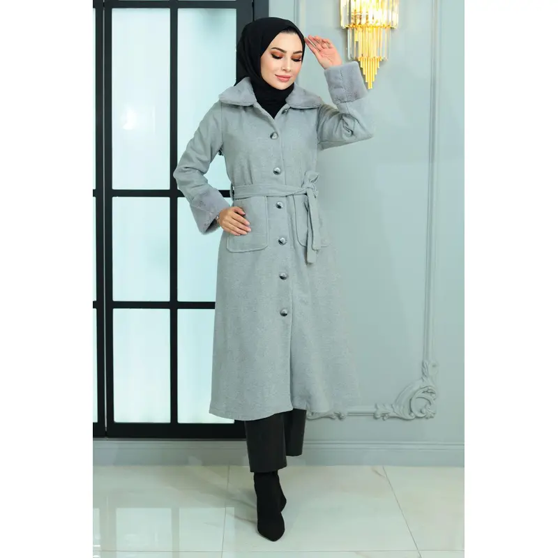 Fur Detailed Cashmere Coat Gray 19175