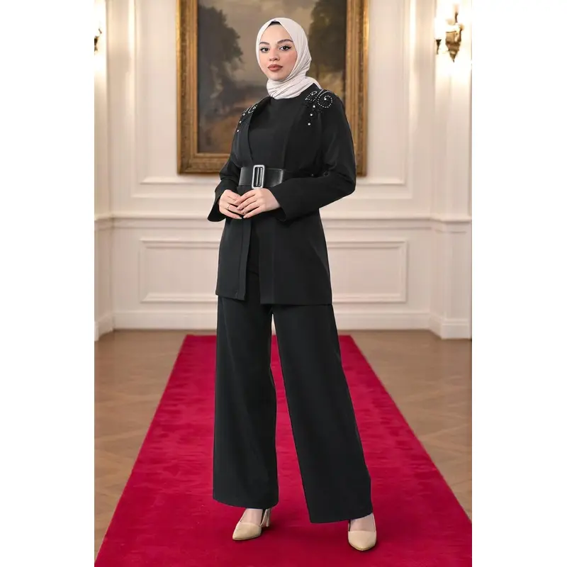 Lace Detailed Jumpsuit Set Black 19003