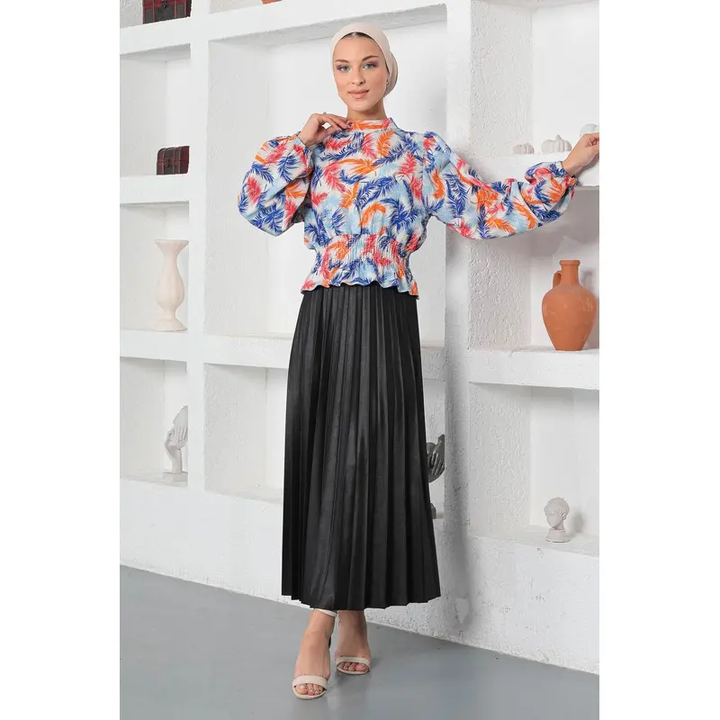 Patterned Elastic Blouse Blue 19800