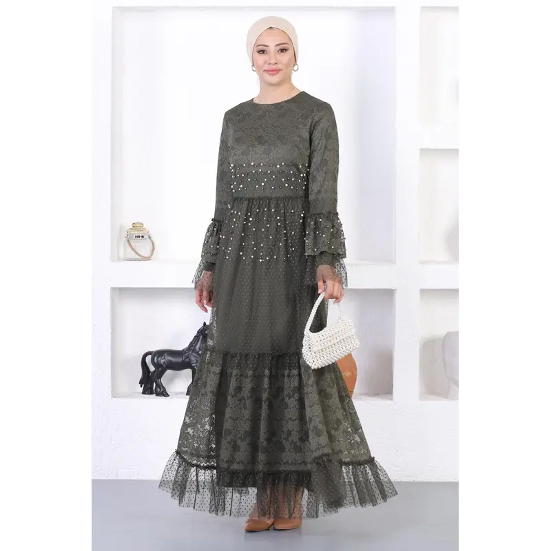 Pearl Lace Flounce Sleeve Evening Dress Khaki 12213