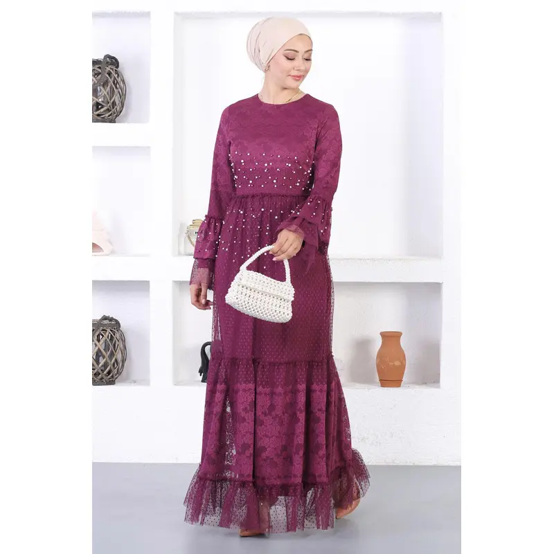 Pearl Lace Flounce Sleeve Evening Dress Plum 12213