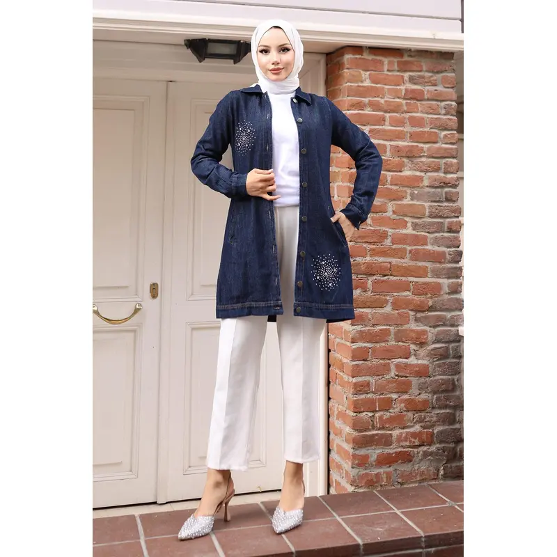 Stone Detailed Denim Shirt Dark Denim 19400