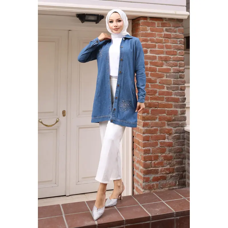 Stone Detailed Denim Shirt Light Denim 19400