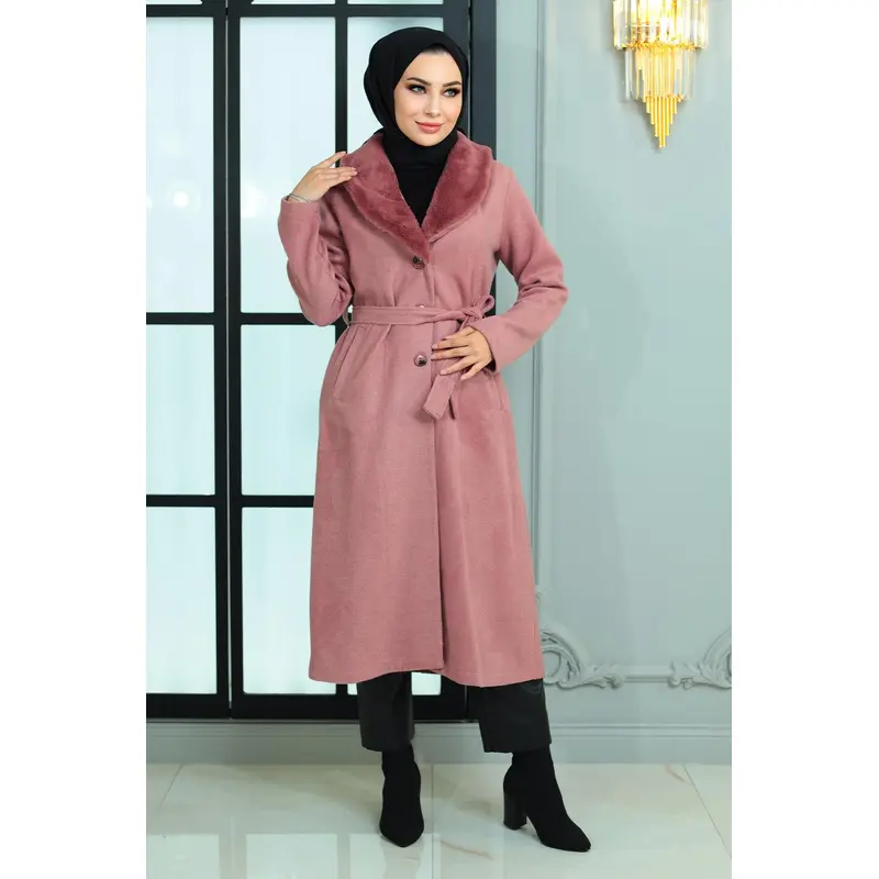 Wide Fur Collar Cashmere Coat Dusty Rose 19174
