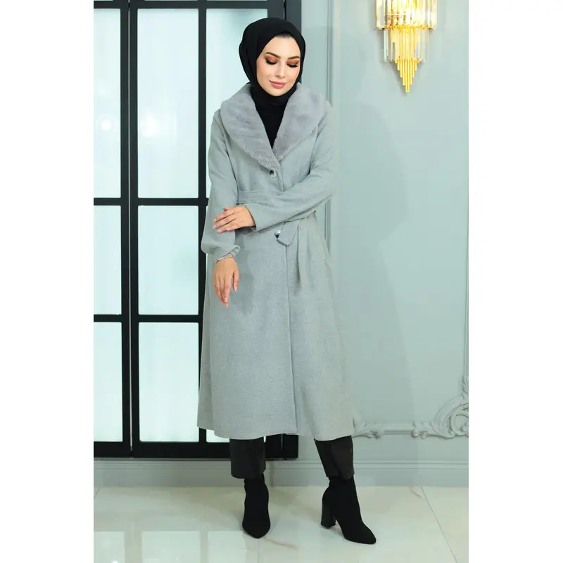 Wide Fur Collar Cashmere Coat Gray 19174