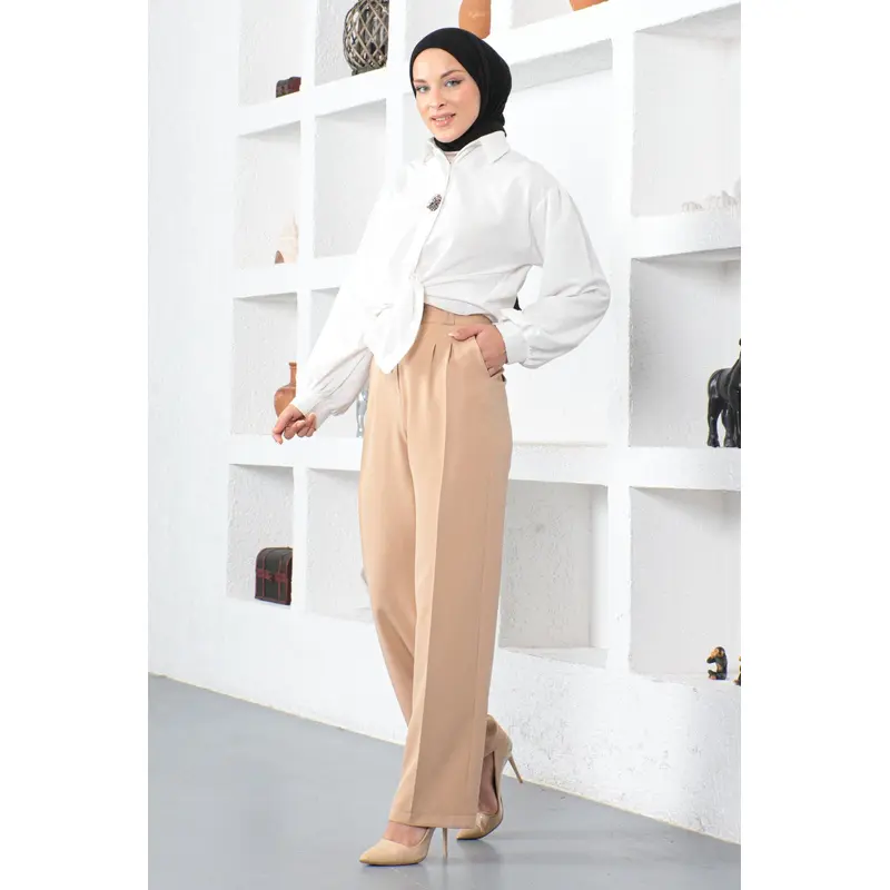 Wide Leg Fabric Trousers Beige 6056
