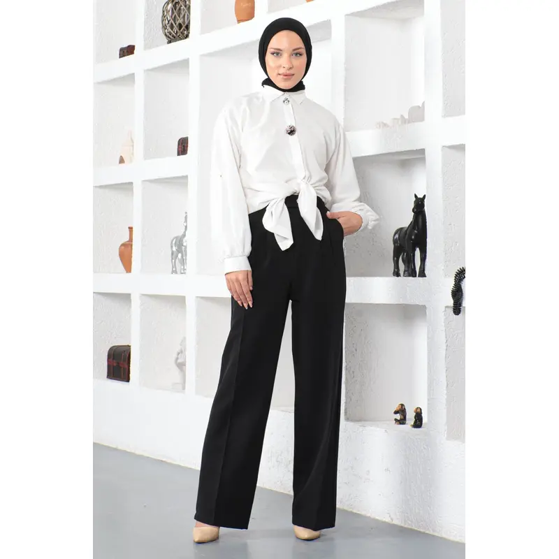 Wide Leg Fabric Trousers Black 6056