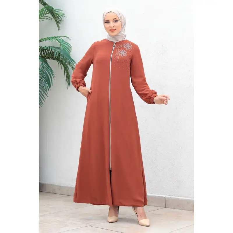 Zippered Chiffon Evening Abaya Salmon 17300