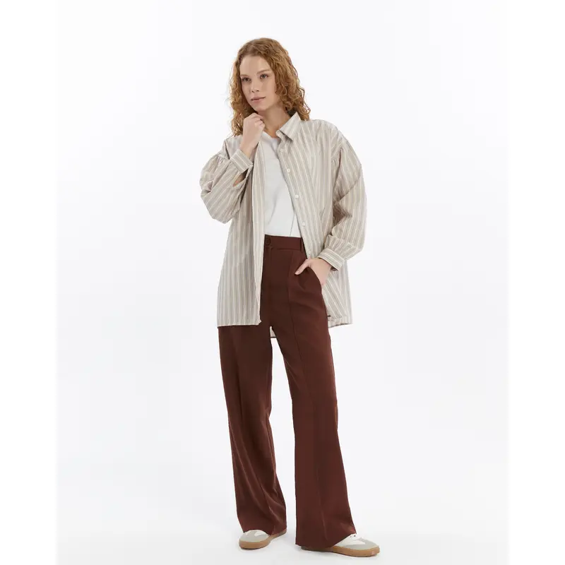 25010 Women's Double Crepe Grass Stitch Detailed Pocket Palazzo Trousers Brown