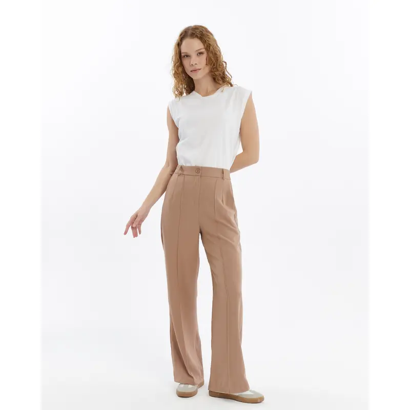 25010 Women's Double Crepe Grass Stitch Detailed Pocket Palazzo Trousers Mink
