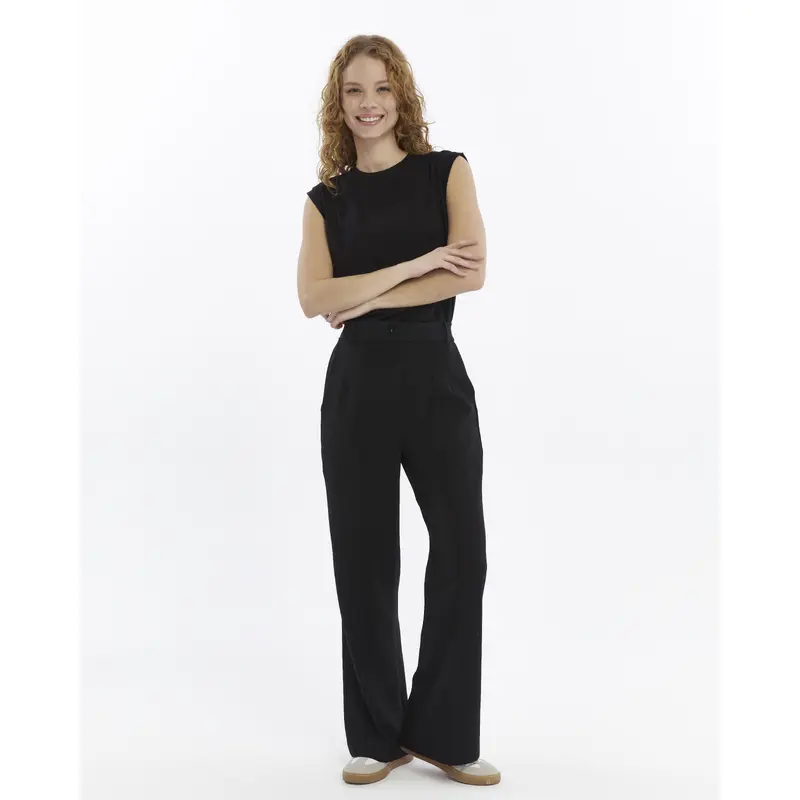 25010 Women's Double Crepe Grass Stitch Detailed Pocketed Palazzo Trousers Black