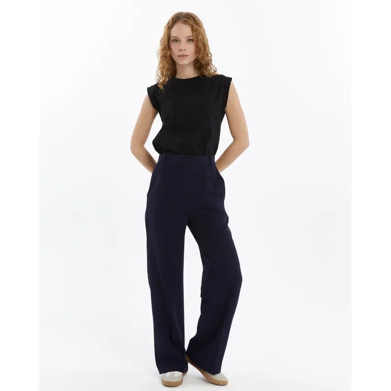25010 Women's Double Crepe Grass Stitch Detailed Pocketed Palazzo Trousers Navy Blue