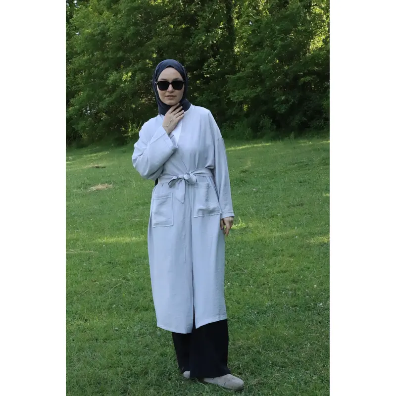 5301 Women's Pocket Belted Long Kimono Gray