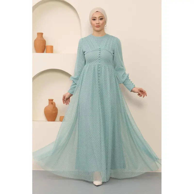 Button Detailed Tulle Evening Dress Mint 12237