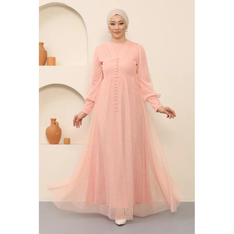 Button Detailed Tulle Evening Dress Powder 12237