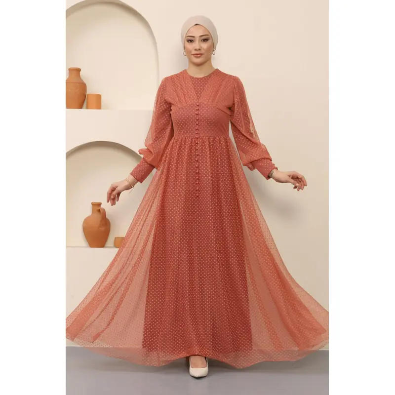 Button Detailed Tulle Evening Dress Salmon 12237