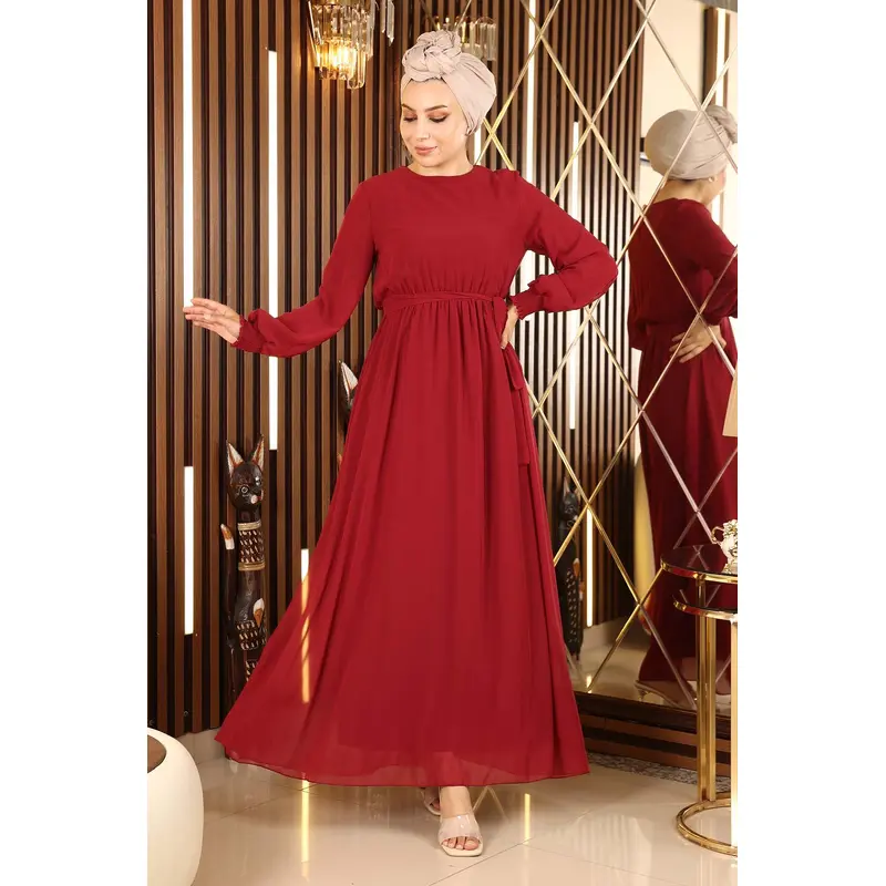 Chiffon Evening Dress With Elastic Cuff, Burgundy 12003