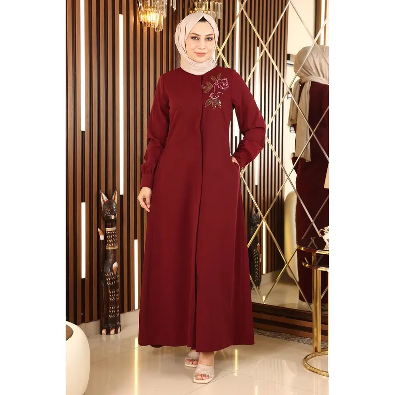 Embroidered Hijab Abaya Claret Red 10773