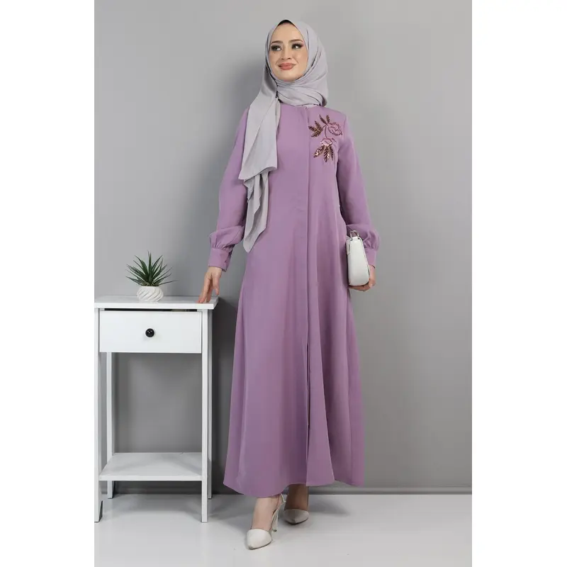 Embroidered Hijab Abaya Lilac 10773