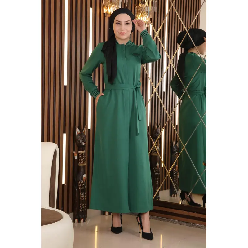 Hidden Buttoned Ribbed Abaya Emerald 18901