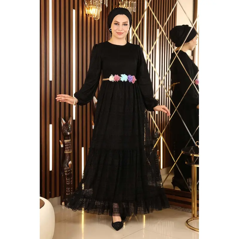 Lace Belt Floral Dress Black 10242