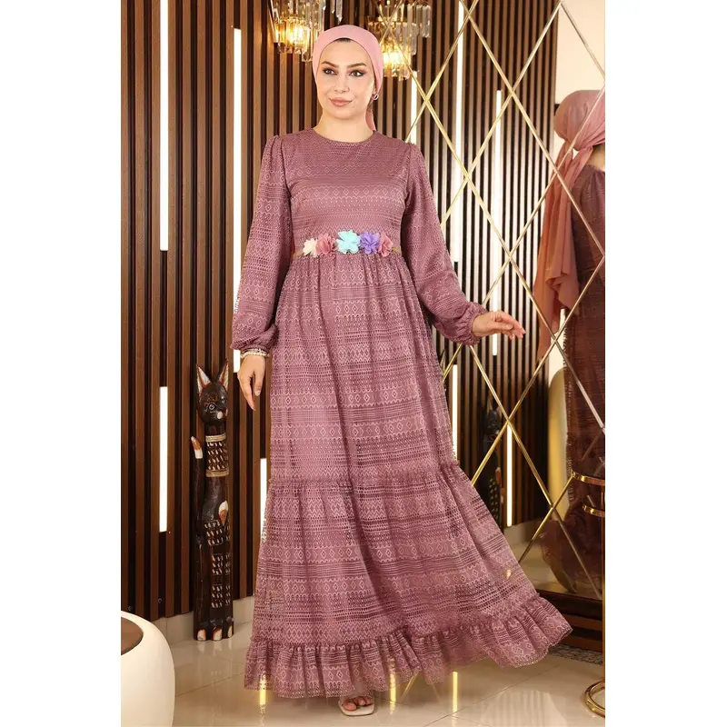 Lace Belted Floral Dress, Dusty Rose 10242