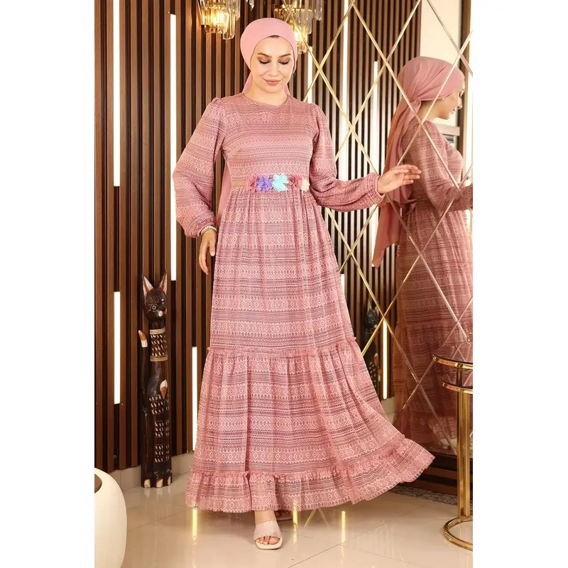 Lace Belted Floral Dress Pink 10242