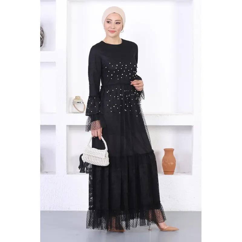 Pearl Lace Flounce Sleeve Evening Dress Black 12213