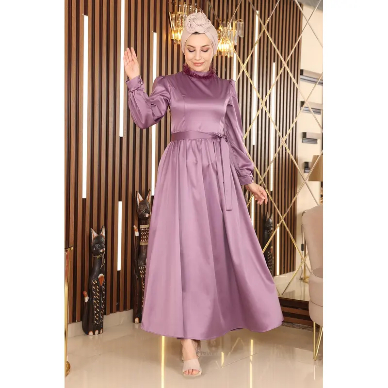 Satin Evening Dress With Feather Detail, Lilac 19123