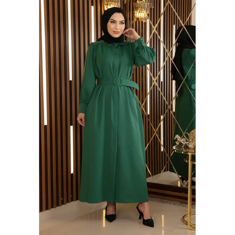 Stone Detailed Belted Dress Emerald 19115