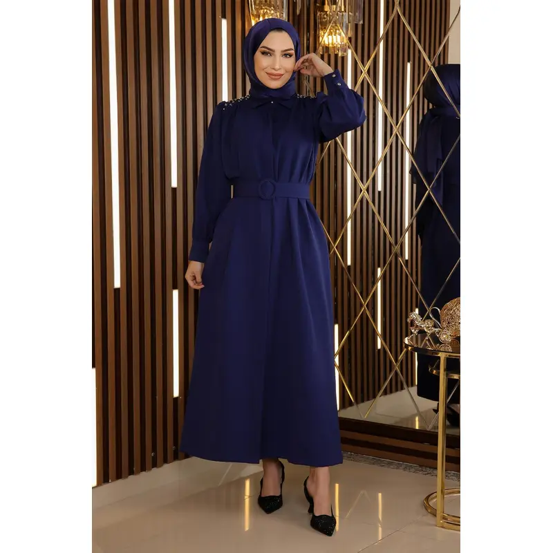 Stone Detailed Belted Dress Indigo 19115