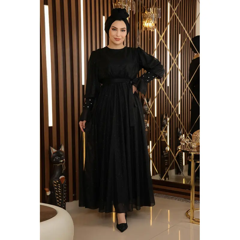 Stone Detailed Glittery Chiffon Evening Dress Black 19113