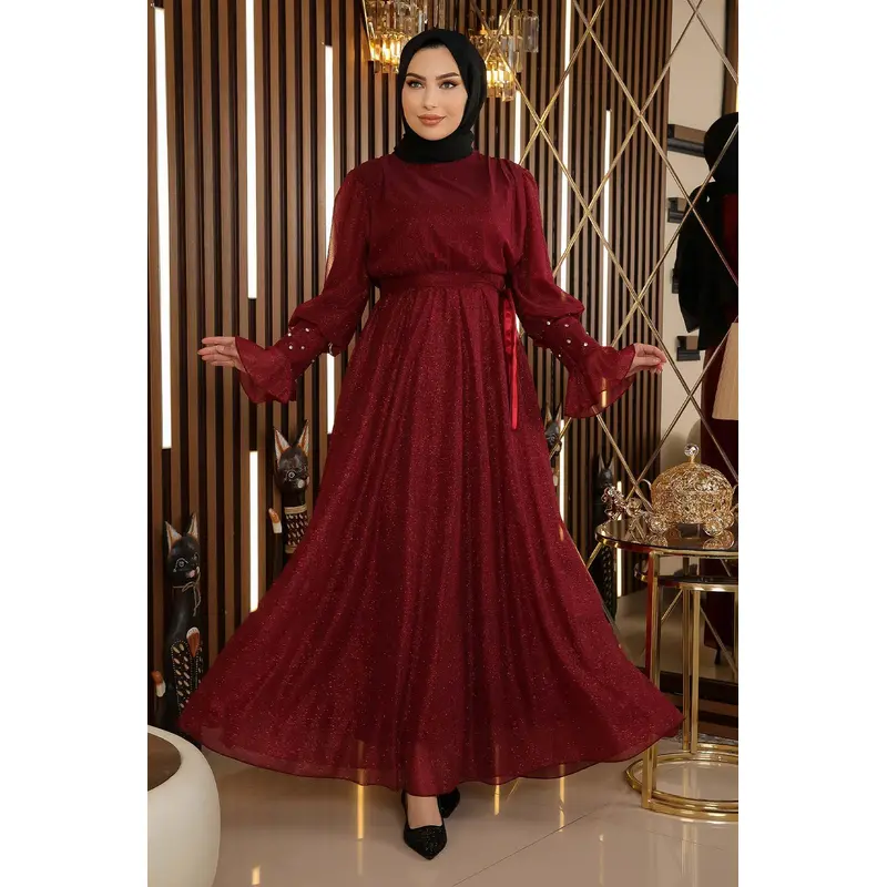 Stone Detailed Glittery Chiffon Evening Dress Burgundy 19113
