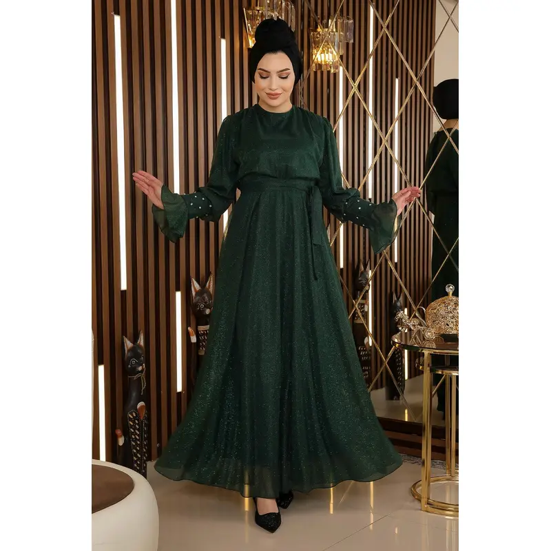 Stone Detailed Glittery Chiffon Evening Dress Emerald 19113