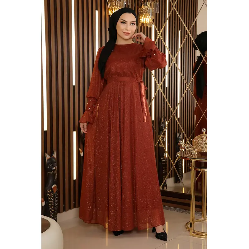 Stone Detailed Glittery Chiffon Evening Dress Tile 19113