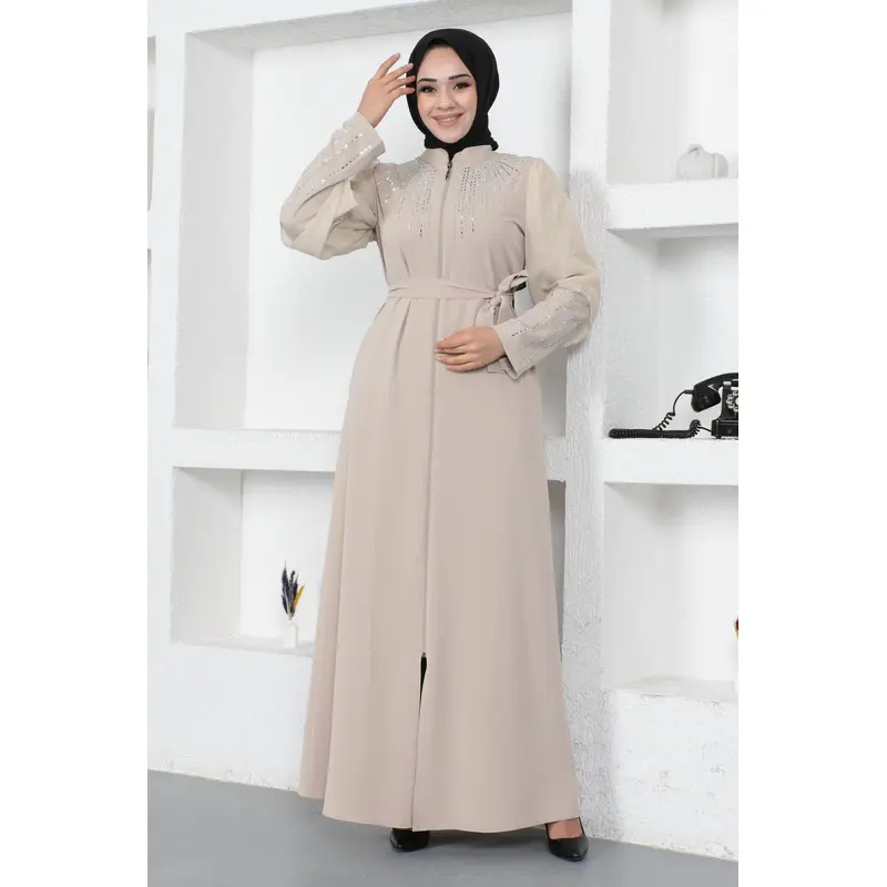 Stone Pearl Embellished Abaya Beige 12245