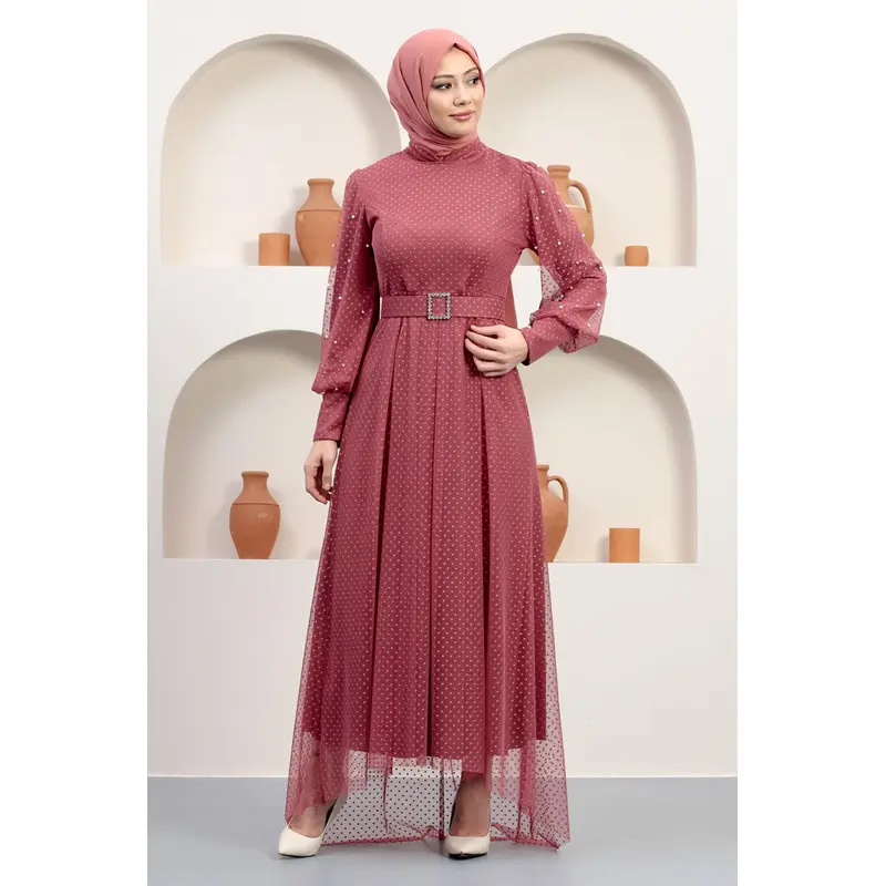 Tulle Evening Dress With Stoned Belt, Dusty Rose 12242