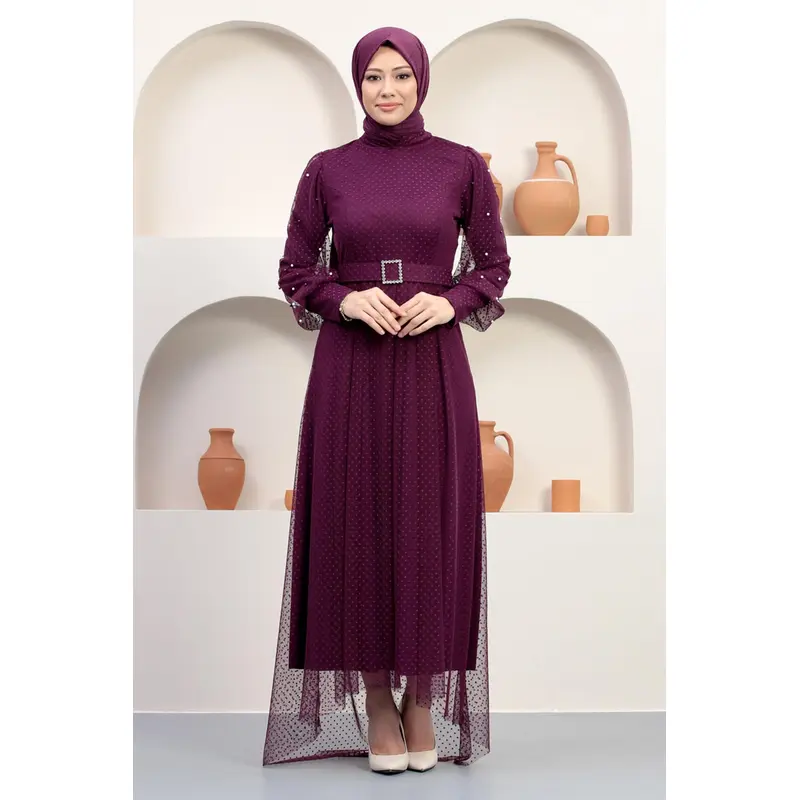 Tulle Evening Dress With Stoned Belt, Plum 12242