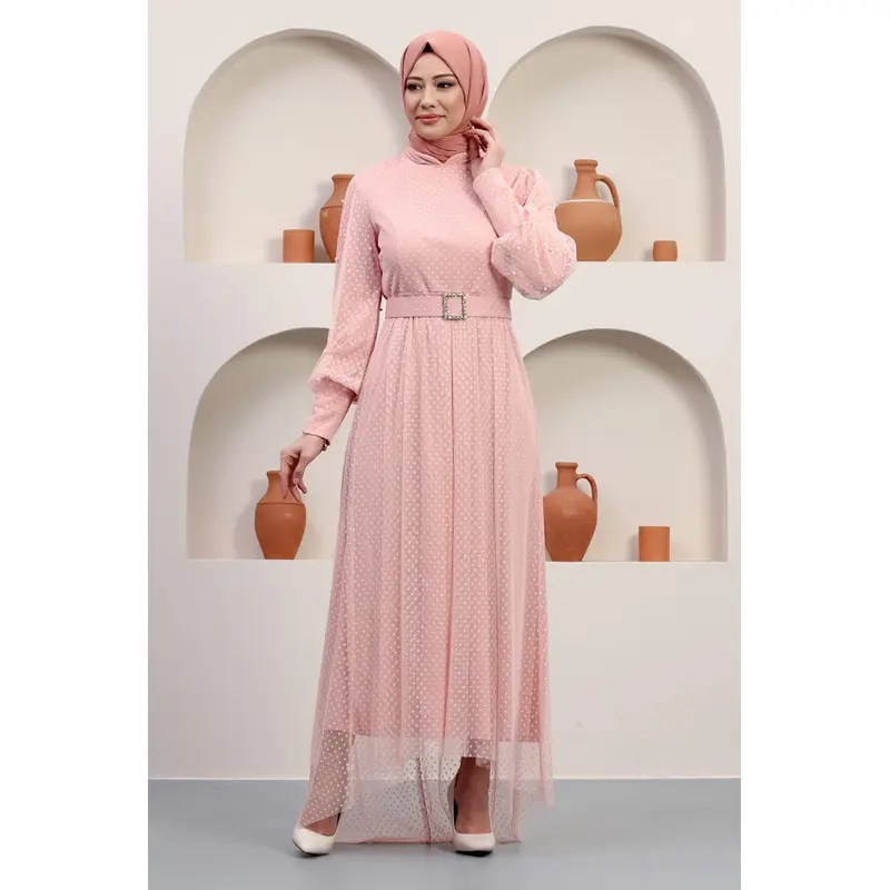 Tulle Evening Dress With Stoned Belt, Powder 12242